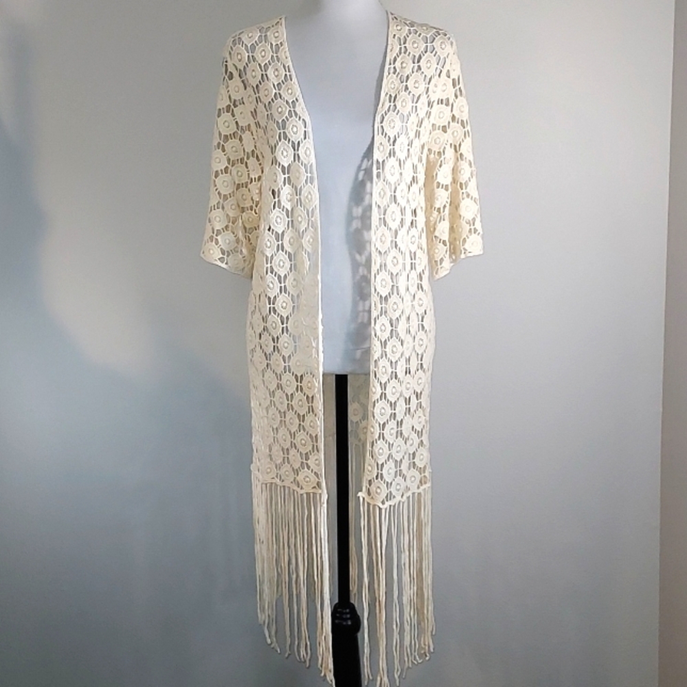 Rebellion Again Cream Off White Crochet Fringe Hem Open Front Cardigan Size L